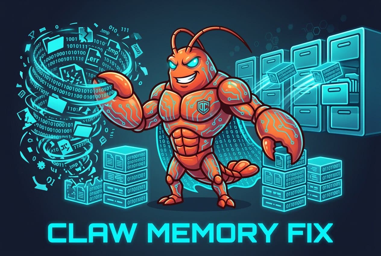 Claw Memory Fix — OpenClaw Clawdbot memory optimization skill for fixing context window bloat in a neon-lit server room