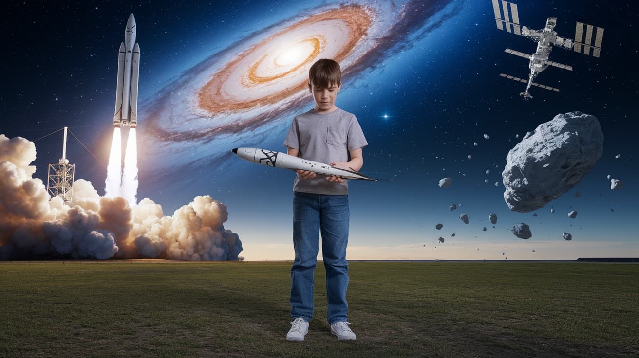 A teenager holding a model rocket as the cosmos unfolds behind him — imagination powered by AI